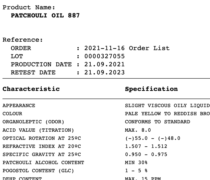 NEW LEAF 廣藿香精油 CoA材料安全數據證書